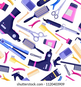 Schönheitssalon Vektorillustration nahtlos Muster. Farbige Friseurwerkzeuge und -geräte. Fashion-Stoffdruck oder Hintergrunddesign.