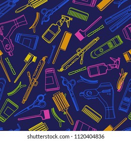 Beauty salon vector seamless pattern. Colorful outline hair hairdresser tools and equipment. Fashion textile print or background design.