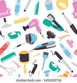 Beauty salon vector seamless pattern. Colorful hairdresser tools and equipment for beauty salon. Fashion textile print or background design. Dryer, brushes, scissors and spray.