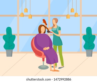 Beauty salon vector, woman with client using hair dryer. Lady getting new haircut or hairdo, procedure in place with plants and lamps. Master and customer. Modern office with big windows of hair salon