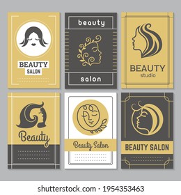 Beauty salon visit cards. Business identity symbols hairdressing salon manicure spa invitation banners recent vector templates