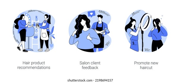 Salón de belleza visita aisladas ilustraciones vectoriales de dibujos animados ambientadas. Estilista con recomendaciones de productos para el cabello, cliente satisfecho con el corte de pelo, peluquero toma fotos de su trabajo vectorial caricatura.