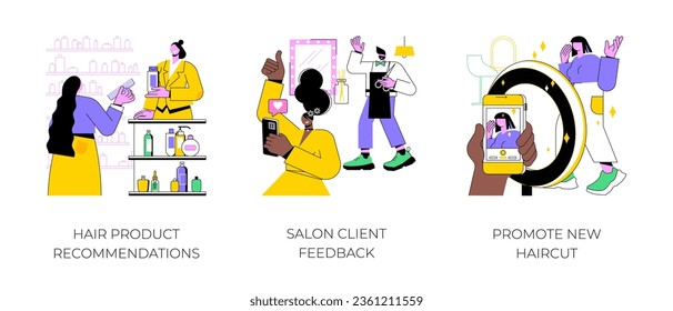 Salón de belleza visita aisladas ilustraciones vectoriales de dibujos animados ambientadas. Estilista con recomendaciones de productos para el cabello, cliente satisfecho con el corte de pelo, peluquero toma fotos de su trabajo vectorial caricatura.