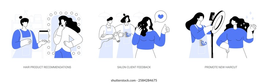 Beauty salon visit isolated cartoon vector illustrations set. Stylist giving hair product recommendations, client satisfied with haircut, hairdresser takes picture of his work vector cartoon.