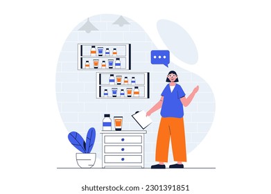 Beauty salon web concept with character scene. Beautician consultant select lotions, creams, other cosmetics. People situation in flat design. Vector illustration for social media marketing material.