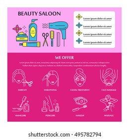 Beauty salon web site page flat design template . Collection of icons in modern linear style for beauty center, barbershop. Line signs for cosmetology and natural products industry, nail art make up 