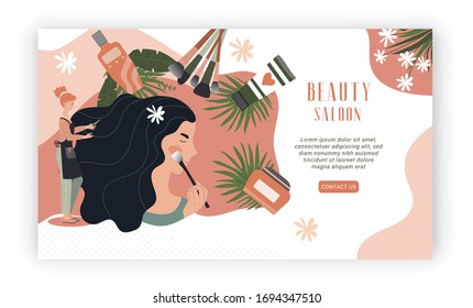 Diseño web de salón de belleza, maquillaje profesional de mujer y peinado, ilustración vectorial. Hermoso tratamiento de chicas, cosméticos naturales en salón de lujo. Servicio de peluquería y peluquería de belleza