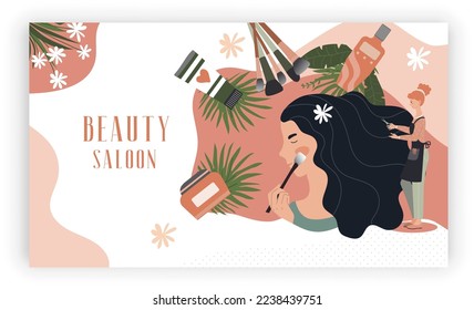 Beauty salon website design, professional woman makeup and hairstyle, vector illustration