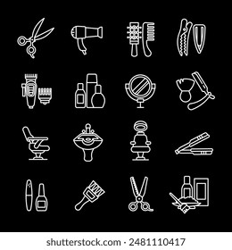 Beauty salon, white line icons. Barbershop and beauty services, hair and skincare. Ideal for wellness and fashion themes. Symbols on black background. Editable stroke.