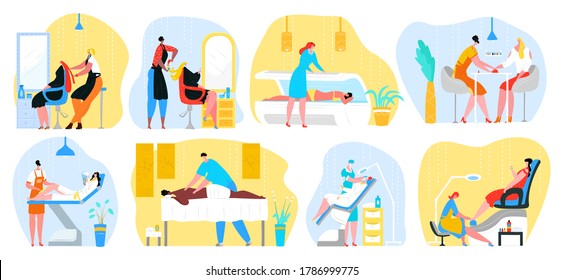 Beauty salon womans services vector illustrations set. Hairdressing, massage, stylist making female clients nails manicure. Beautician work with beautiful models makeup. Barbershop and epilation.