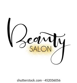 Beauty salon words on gold paint splash and white background. Vector illustration. Hand drawn lettering element for your design. Logo.