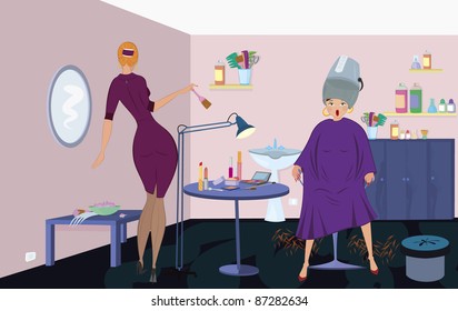 Beauty salon  worker with brush  and client under blow dryer stand up