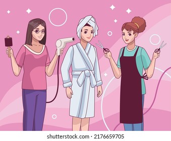 trabajadores de salón de belleza con personajes de cliente