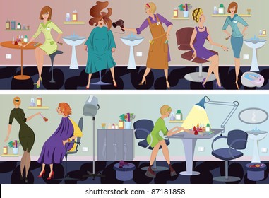 Beauty salon workers and clients in different situations. Beauty salon flat design banner. Beauty salon cartoon characters working. Spa salon banner with cartoon workers and customers flat design.