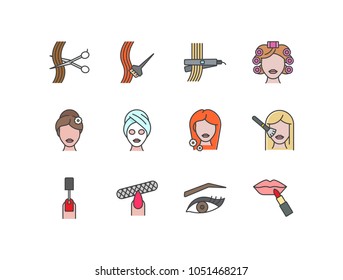 Beauty salone services flat line colored icons with haircut, coloring, iron, curler, hairstyle, face mask, spa, face, eyes, lip makeup, manicure.