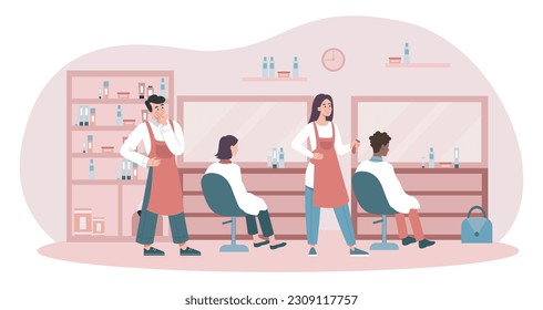 Beauty salons concept. Barbershop, hairdressers in beauty salon with clients. Aesthetics and elegance. Team of stylists with chairs and mirrors. Cartoon flat vector illustration