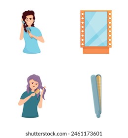 Beauty saloon icons set cartoon vector. Woman take care of her hair. Hair care concept