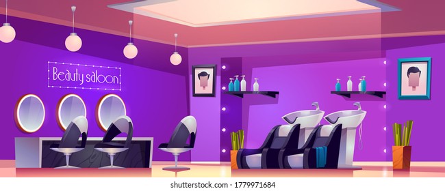 Beauty saloon interior, empty studio room for hair cut and care procedures with furniture desk, mirrors, chairs, men portraits on wall and cosmetics bottles on shelves. Cartoon vector illustration