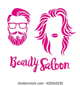 Beauty saloon logo, Man and woman, Vector illustration, Black and white