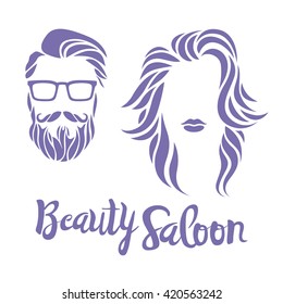 Beauty saloon logo, Man and woman, Vector illustration, Black and white