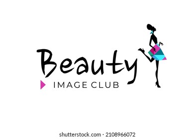 Beauty Saloon Logotype, Image Club With Pretty Girl Princess Silhouette With Crystals On Skirt And The Earring On White Background. Vector Illustration For Logo Bridal Shop, Kids Fashion, Jewellery