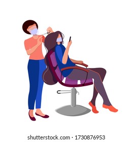 Beauty saloon. Opening after quarantine. Masked hairdresser and visitor. Fashionable salon with professional workers. Relaxation. Cartoon flat style. Vector illustration