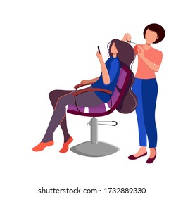 Beauty saloon. Opening after quarantine. Girl hairdresser and client. Fashionable salon with professional workers. Relaxation. Cartoon flat style. Vector illustration