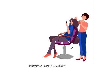 Beauty saloon. Opening after quarantine. Girl hairdresser and client. Fashionable salon with professional workers. Relaxation. Cartoon flat style. Vector illustration