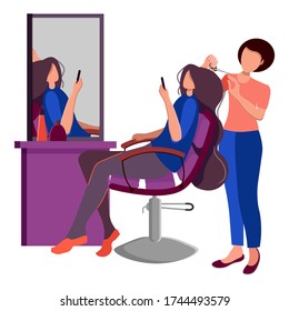 Beauty saloon. Opening after quarantine. Girl hairdresser and client. Fashionable salon with professional workers. Relaxation. Cartoon flat style. Vector illustration