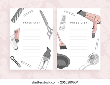 Beauty saloon price list template with different tools and hair products. Vector illustration
