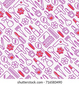 Beauty saloon seamless pattern with thin line icons of cosmetics, make up and beauty accessories. Vector illustration for banner, web page, print media.