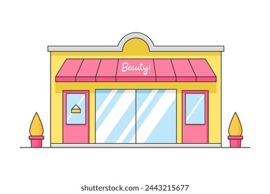 Escaparate de salón de belleza. Bonita fachada de tienda con productos de belleza y cosméticos. Bonito exterior de la ciudad con fachada, árbol, letrero, edificio delantero, spa, boutique. Ilustración vectorial plana.