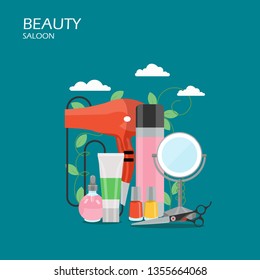 Beauty saloon vector flat style design illustration. Mirror, hairdryer, scissors, shampoo, nail polish, cream tube. Beauty parlour and hair salon services concept for web banner, website page etc.