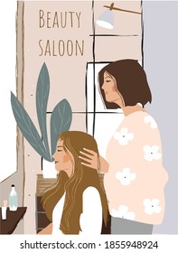 Beauty saloon. Vector illustration with two girls in a beauty salon. Can be used for banner, poster, print, advertisement, business, website.