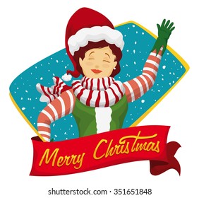 Beauty Santa's helper saluting you with red ribbon and Christmas message.