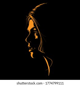 Beauty Scared Woman Face Silhouette In Contrast Backlight. Vector. Illustration.