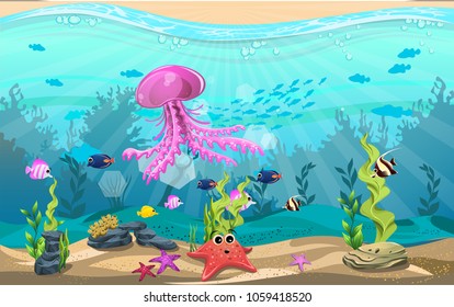 the beauty of the sea. There are jellyfish, fish, octopus and coral.