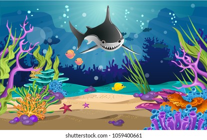 the beauty of the sea. There are sharks, fish and corals.