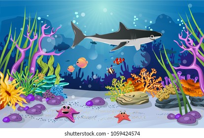 the beauty of the sea. There are sharks, fish, and coral.