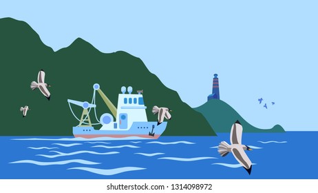 Beauty seagulls above surfase of ocean, trawler ship wich cranes goes to sea past the mountain shore