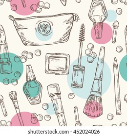 Beauty seamless with cosmetics . hand drawn