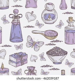 Beauty  seamless with essential oil, soap and butterfly. hand drawn