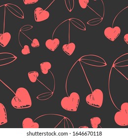 Beauty seamless pattern of cherries in form of heart. Hand drawn vector illustration. Pink berries on dark gray background.