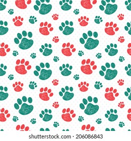 Beauty seamless pattern with colorful hand drawn doodle paw prints. Used for wallpaper, pattern fills, web page background,surface textures.