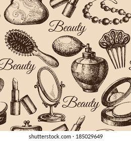 Beauty Seamless Pattern. Cosmetic Accessories. Vintage Hand Drawn Sketch Vector Illustrations 