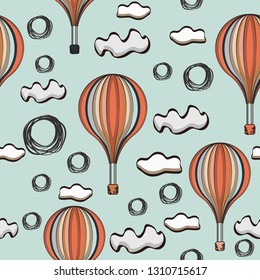 Beauty seamless pattern with cute balloons and clouds. 