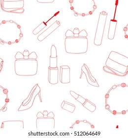 Beauty seamless pattern. Fashion background. Women's shoes, handbag, bracelet, lipstick, mascara, perfume. Fashion accessories in red. Hand drawing beauty sticker. Vector illustration beauty icon.