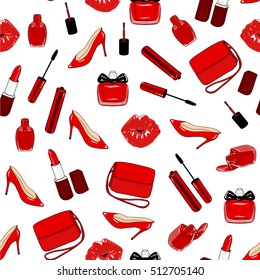 Beauty seamless pattern. Fashion background. Object in red. Women's shoes, handbag, nail polish, lipstick, mascara, perfume, kiss. Hand drawing red design elements. Vector fashion illustration.