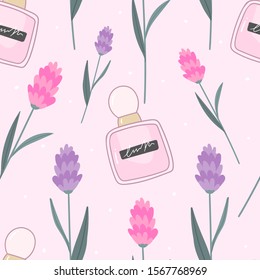 Beauty seamless pattern with flowers and perfume for print, textile, fabric. Modern cute female romantic background. Decorative botanical illustration. Lavender background. 