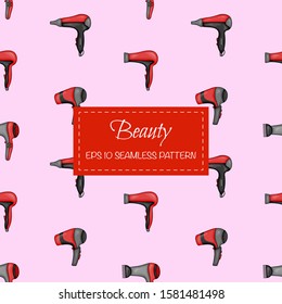 Beauty seamless pattern with hair dryer. Cartoon style. Vector illustration